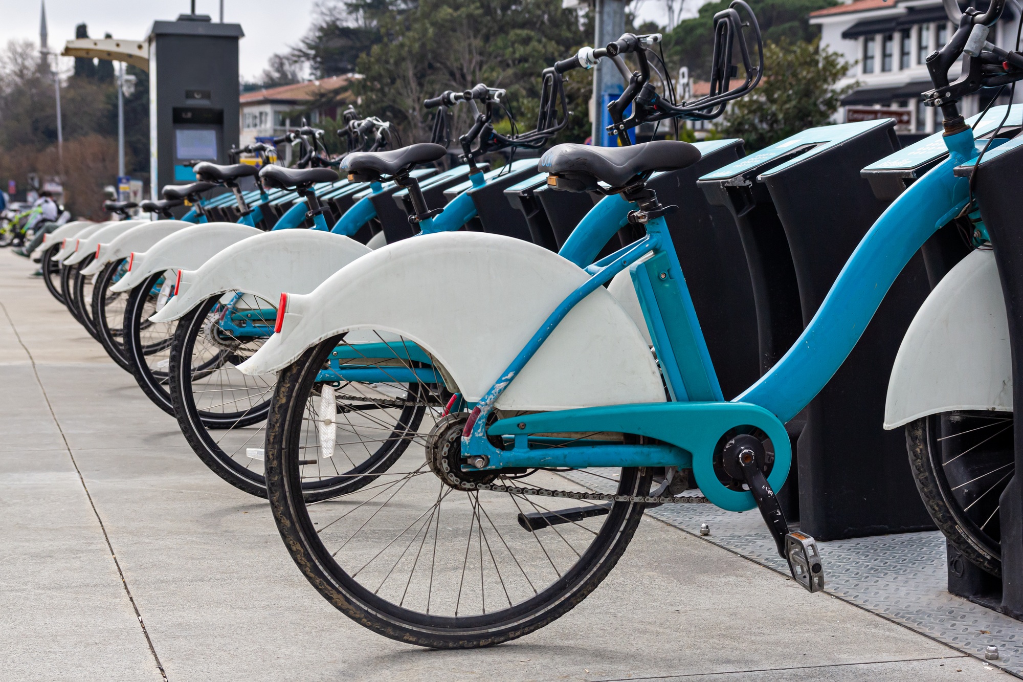 Bike Rental City bikes for rent Rental bicycles. Bicycles rental station outdoor.